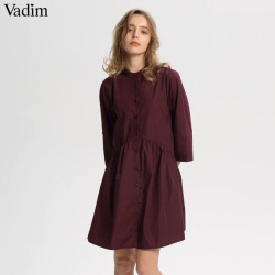 Vadim women solid pleated dress three quarter sleeve stand collar casual basic ladies casual mini dresses female vestidos QA442