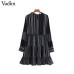 Vadim women striped patchwork mini dress ruffled long sleeve o neck pleated female casual straight dress vestidos QA671