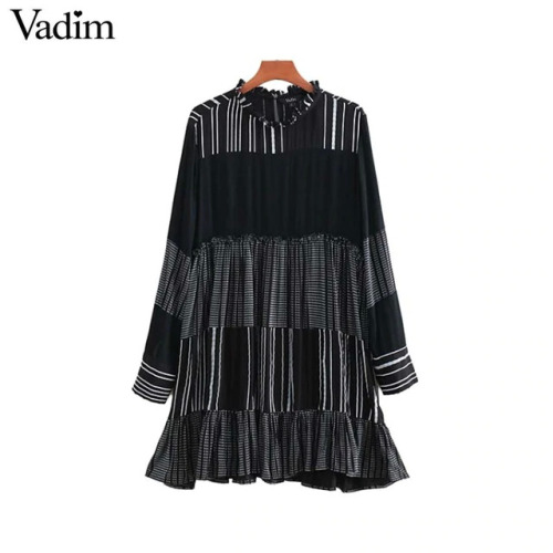 Vadim women striped patchwork mini dress ruffled long sleeve o neck pleated female casual straight dress vestidos QA671