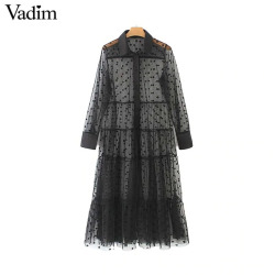 Vadim women stylish polka dot patchwork transparent midi shirt dress long sleeve female chic sexy mesh dresses vestidos QB670