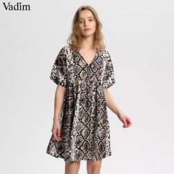 Vadim women stylish snake print mini dress V neck short sleeve straight pleated female casual loose cute dresses vestidos QA535