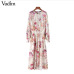 Vadim women sweet floral chiffon dress two pieces set elastic waist long sleeve ladies casual mid calf dresses vestidos QZ3049