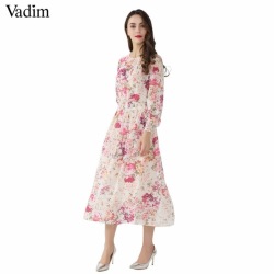 Vadim women sweet floral chiffon dress two pieces set elastic waist long sleeve ladies casual mid calf dresses vestidos QZ3049