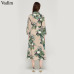 Vadim women vintage floral striped midi dress bow tie sashes long sleeve pleated female casual chic dresses vestidos QA178