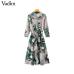 Vadim women vintage floral striped midi dress bow tie sashes long sleeve pleated female casual chic dresses vestidos QA178