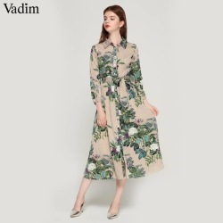 Vadim women vintage floral striped midi dress bow tie sashes long sleeve pleated female casual chic dresses vestidos QA178