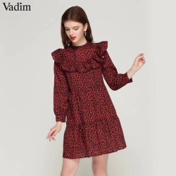 Vadim women vintage leopard dress sweet ruffles long sleeve o neck pleated female casual straight dress vestidos QA456