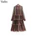 Vadim women vintage striped chiffon dress fur ball decorate long sleeve pleated female casual chic maxi dresses vestidos QA586