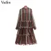 Vadim women vintage striped chiffon dress fur ball decorate long sleeve pleated female casual chic maxi dresses vestidos QA586