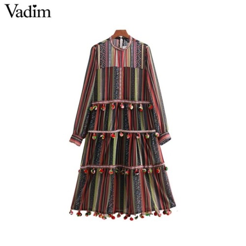 Vadim women vintage striped chiffon dress fur ball decorate long sleeve pleated female casual chic maxi dresses vestidos QA586