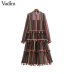 Vadim women vintage striped chiffon dress fur ball decorate long sleeve pleated female casual chic maxi dresses vestidos QA586