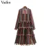 Vadim women vintage striped chiffon dress fur ball decorate long sleeve pleated female casual chic maxi dresses vestidos QA586