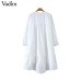 Vadim women white loose dress V neck Pleated irregular long sleeve female casual dresses solid chic straight vestidos QB532