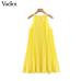 Vadim women yellow chiffon mini shift dress halter sleeveless cute straight female stylish pleated dresses vestidos QB567