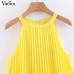 Vadim women yellow chiffon mini shift dress halter sleeveless cute straight female stylish pleated dresses vestidos QB567