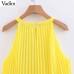 Vadim women yellow chiffon mini shift dress halter sleeveless cute straight female stylish pleated dresses vestidos QB567