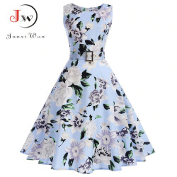 Vestidos Vintage Dress Summer Floral Print Sleeveless Party Dresses 50s 60s Elegant Rockabilly Sexy Pin Up Dress with Belt