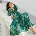 Vintacy Long Sleeve Dress Green Tropical Beach Vintage Maxi Dresses Boho Casual V Neck Belt Lace Up Tunic Draped Plus Size Dress