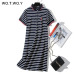 WOTWOY 2019 Striped Cat Embroidery Dresses Women Summer Long Turn-down Collar Casual Knee-Length Dress Woman Plus Size Clothes