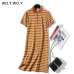 WOTWOY 2019 Striped Cat Embroidery Dresses Women Summer Long Turn-down Collar Casual Knee-Length Dress Woman Plus Size Clothes