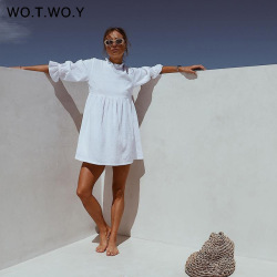 WOTWOY 2019 Summer White Mini Dresses Women Ruffles Elastic Waist Loose Straight Half Sleeve Shirt Dress Woman Boho Sundress