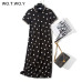 WOTWOY Summer Polo Shirt Dress Women Dot Print Plus Size Loose Cotton Maxi Dresses Pocket Short Sleeve Black Apricot Long Dress