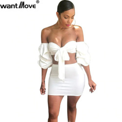 Wantmove 2018 summer new fashion women 2 piece suit sexy off the shoulder Puff sleeve strap top mini dress Two-piece suit JZ038