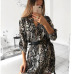 Women Autumn Sexy Leopard Snake Print Striped Long Sleeve V-Neck Dress Ladies Casual Empire Mini Dresses Above Knee Length