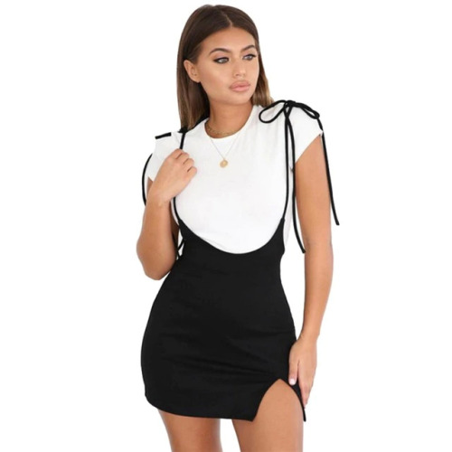 Women Black Dress With Shoulder Straps Package Hip Under Split Slim Suspender Dress High Waist Mini School Dress