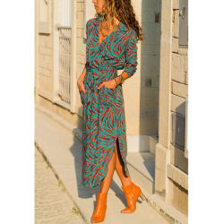 Women Bohemian Printed Belt Party Dress Three Quarter Sleeve V neck Straight Casual Dress 2019 Summer New Fashion Women Dress