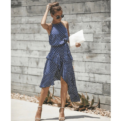 Women Bohemian Ruffled Dot Printed Party Dress Sleeveless O-neck Casual A-line Mid Dress 2019 Summer New Fashion Women Dress