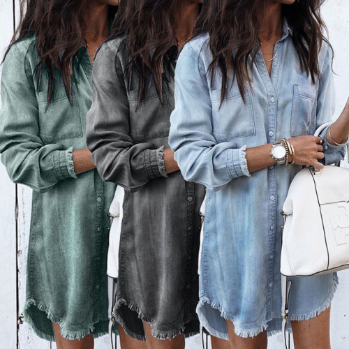 Women Casual Denim Shirt Dress Ladies Long Sleeve Turn Down Collar Office Lady Loose Shirt Dress 2019 New Style Party Dress