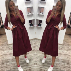 Women Casual Sashes Straight Dress Ladies Seven Sleeve Stand Collar Elegant Button Dress 2019 New Fashion Women Knee Dress