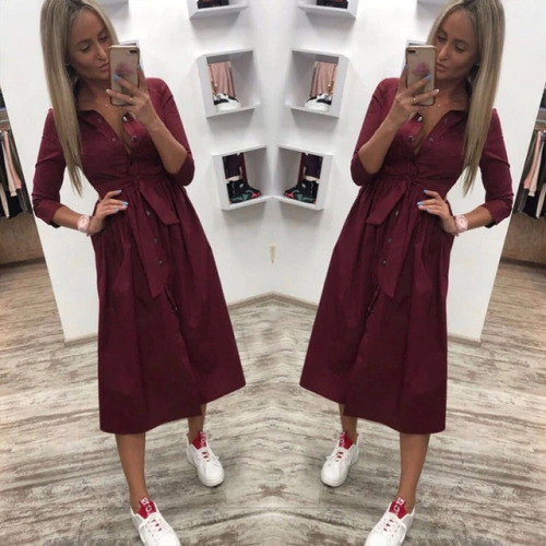 Women Casual Sashes Straight Dress Ladies Seven Sleeve Stand Collar Elegant Button Dress 2019 New Fashion Women Knee Dress