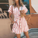 Women Casual Sashes Striped Party Dress Ladies Short Sleeve  v Neck Button Elegant Mini Dress 2019 Summer Beach Mini Dress