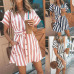 Women Casual Sashes Striped Party Dress Ladies Short Sleeve  v Neck Button Elegant Mini Dress 2019 Summer Beach Mini Dress