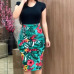 Women Dresses Short Sleeve Floral Print Patchwork Slim Bodycon Dress Cocktail Party Pencil Dress