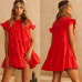 Women Ladies Sweet Summer Dress 3 Style Cascading Ruffles Solid Petal Sleeve O-Neck A-Line Mini Dress Size S/M/L/XL