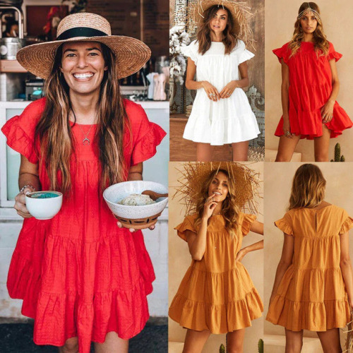 Women Ladies Sweet Summer Dress 3 Style Cascading Ruffles Solid Petal Sleeve O-Neck A-Line Mini Dress Size S/M/L/XL