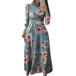 Women Long Dress Floral Print Beach Maxi Dress Casual Long Sleeve Turtleneck Bandage Elegant Long Party Dress Vestidos Plus Size