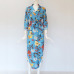 Women Long Dress Floral Print Summer Maxi Chiffon Beach Dress Elegant Party Dress Long Sleeve Office Shirt Dress Vestidos Longo