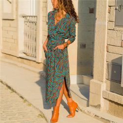 Women Long Dress Floral Print Summer Maxi Chiffon Beach Dress Elegant Party Dress Long Sleeve Office Shirt Dress Vestidos Longo