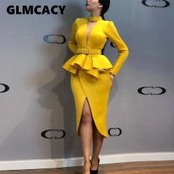 Women Long Sleeve Mid-Calf Falbala Asymmetrical Standard-Waist Dress Office Lady Sheath Solid Knee-Length O-Neck Dress