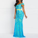 Women Maxi Dresses Elegant Blue Plus Size Mermaid High Waist Off Shoulder Ruffles Female Fashion Retro Lace Party Long Dress