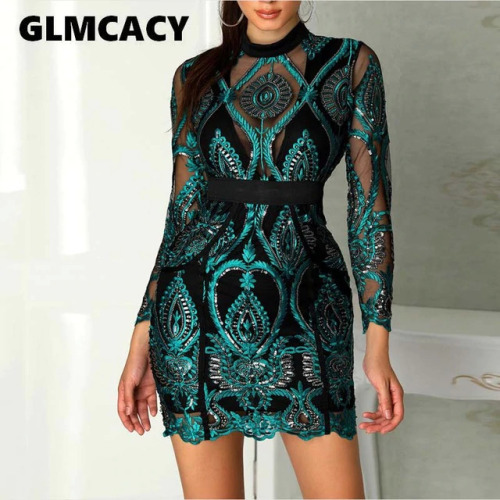 Women Sexy Long Sleeve Mesh See Through Sequined Dresses Ladies Hollow Out Lace Maxi Formal Party Elegant Bodycon Dress