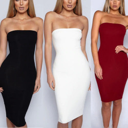 Women Sexy Sleeveless Solid Boob Tube Top Dress Evening Party Stretch Pencil Knee-Length Dresses