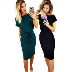 Women Spring Vintage Knee-Length dresses O-neck Short Sleeve Green Black dress Lady Casual Elegant Party Pencil dress Vestidos