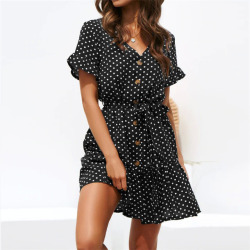 Women Summer Beach Chiffon Dress Casual Short Sleeve Polka Dot Dress Boho Mini Party Dress Elegant V Neck Sundress Vestidos