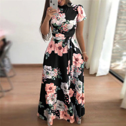 Women Summer Dress 2019 Casual Short Sleeve Long Dress Boho Floral Print Maxi Dress Turtleneck Bandage Elegant Dresses Vestido