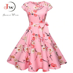 Women Summer Floral Dress 50s Vintage Casual Elegant Print O Neck Party Work Office Dress Retro Rockabilly Vestidos